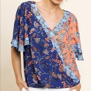 UNGEE mixed print floral crossbody top Blue orange